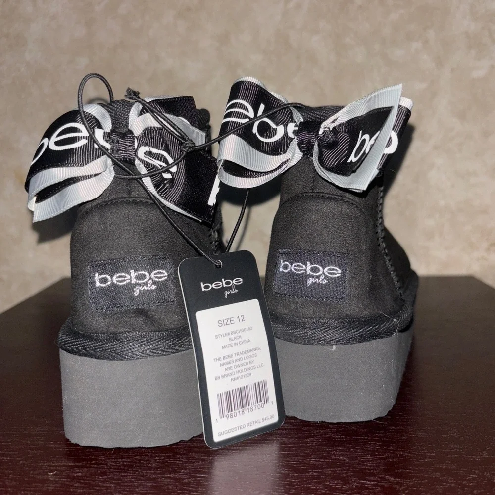 BEBE Black Suede Platform Winter Boots Ankle Booties Shoes‎ Girl's Youth Size 12